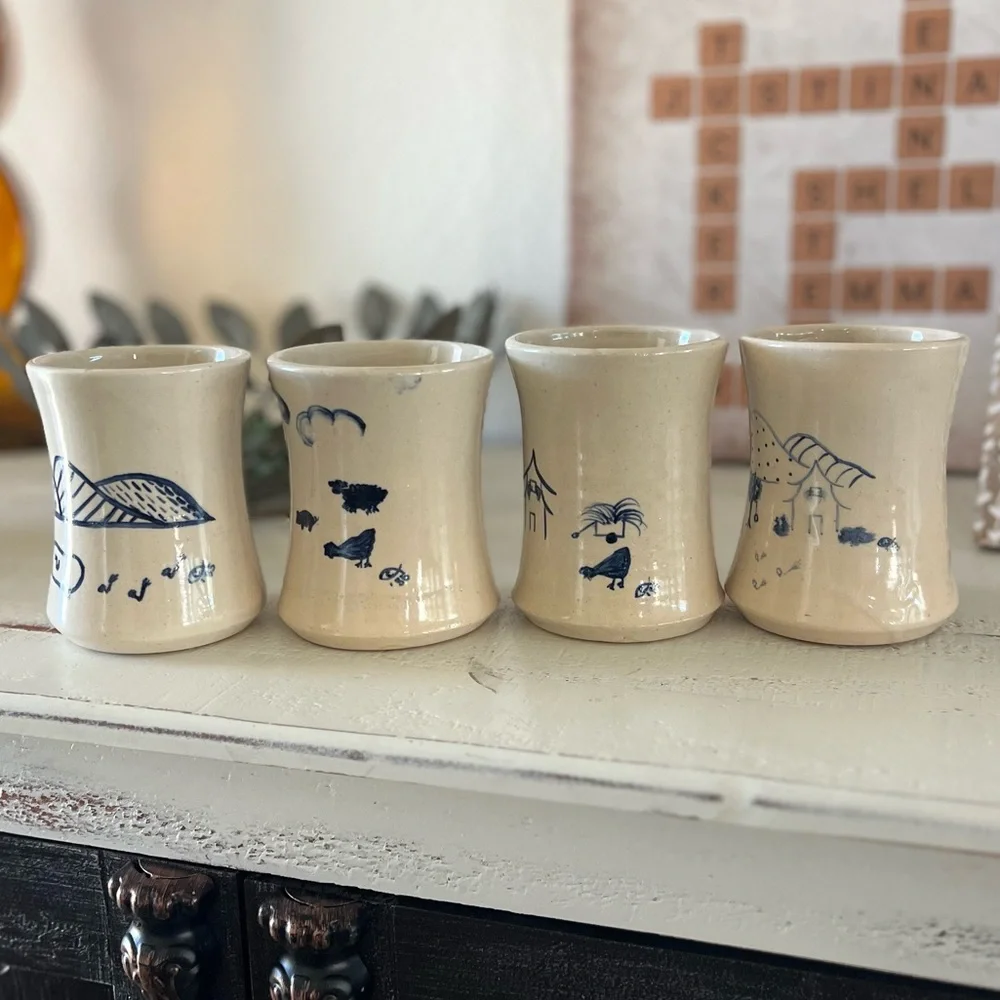 Rare Set of 4 Handmade Pottery Cups Mugs Solid Heavy Blue Folk Art Ichthys Symbo